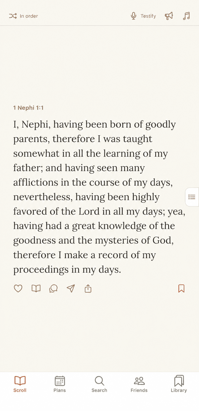 The Scroll reading screen showing 1 Nephi 1:1, one verse on the page