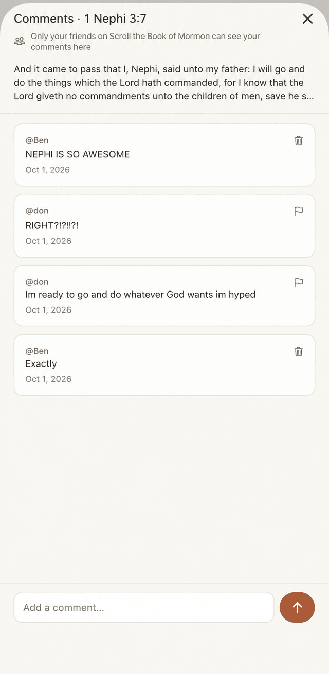 A comment thread on 1 Nephi 3:7 where friends share their thoughts on the verse